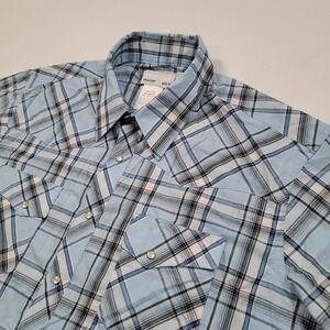 Wrangler Men's Western Pearl Snap Front Plaid Shirt Size XLT Tall Blue Pocket